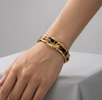 Bracelet manchette léopard en acier inoxydable – jonc ouvert avec tissu imprimé animal