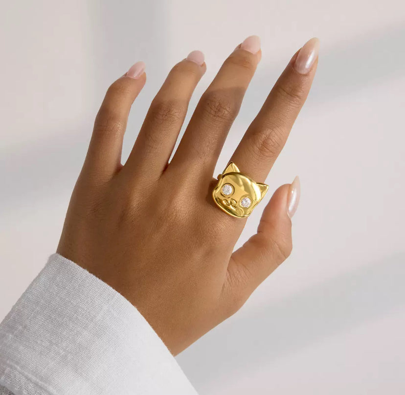 Bague tête de chat en acier inoxydable