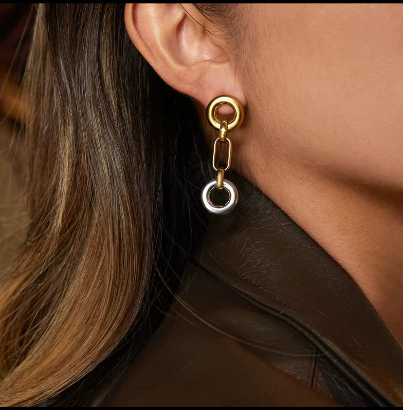 Boucles d’oreilles chaîne bicolore en acier inoxydable