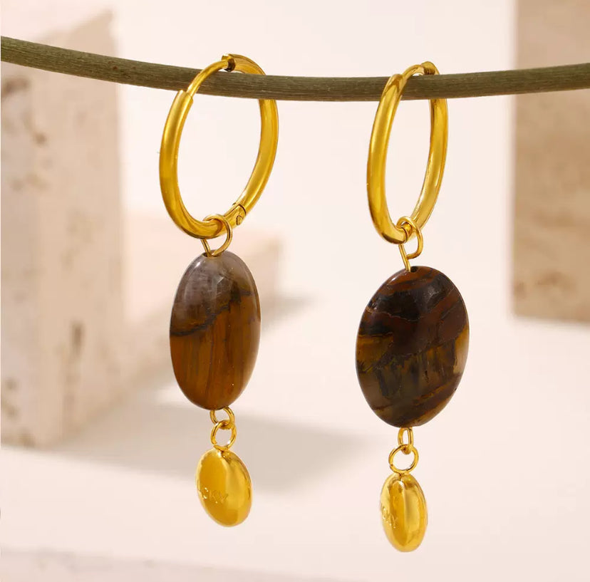 Boucles d’oreilles œil de tigre pendantes en acier inoxydable