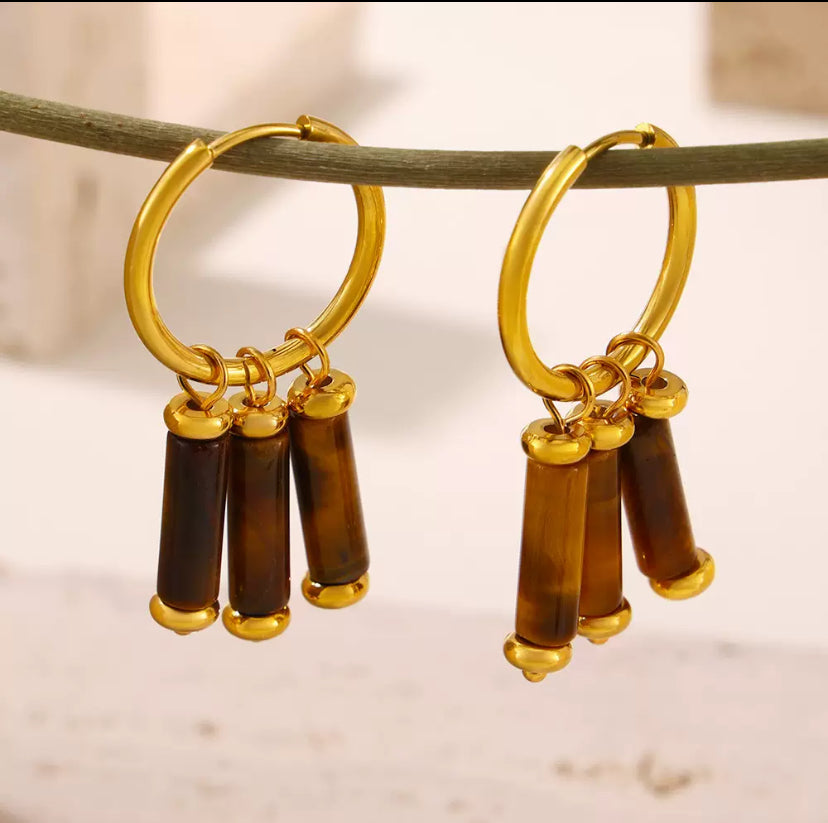 Créoles pendantes œil de tigre en acier inoxydable