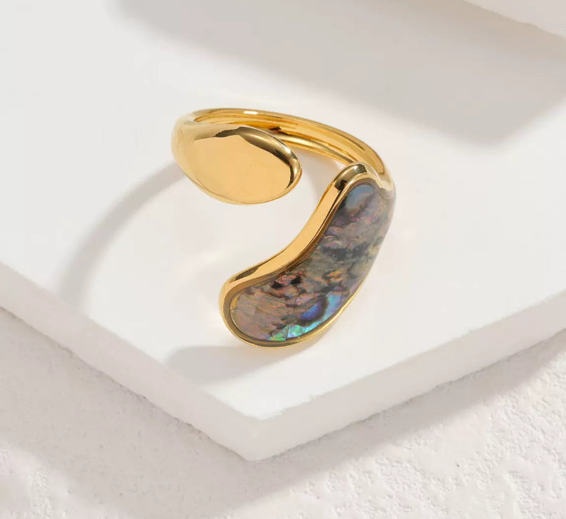 Bague ouverte pierre nacrée effet opale en acier inoxydable