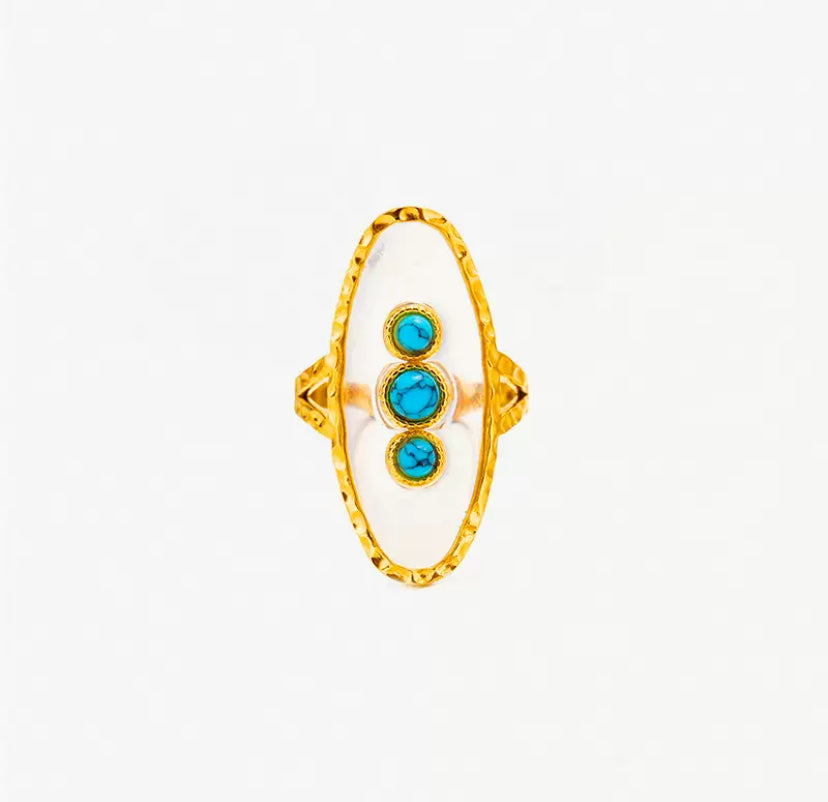 Bague ovale pierre turquoise en acier inoxydable doré