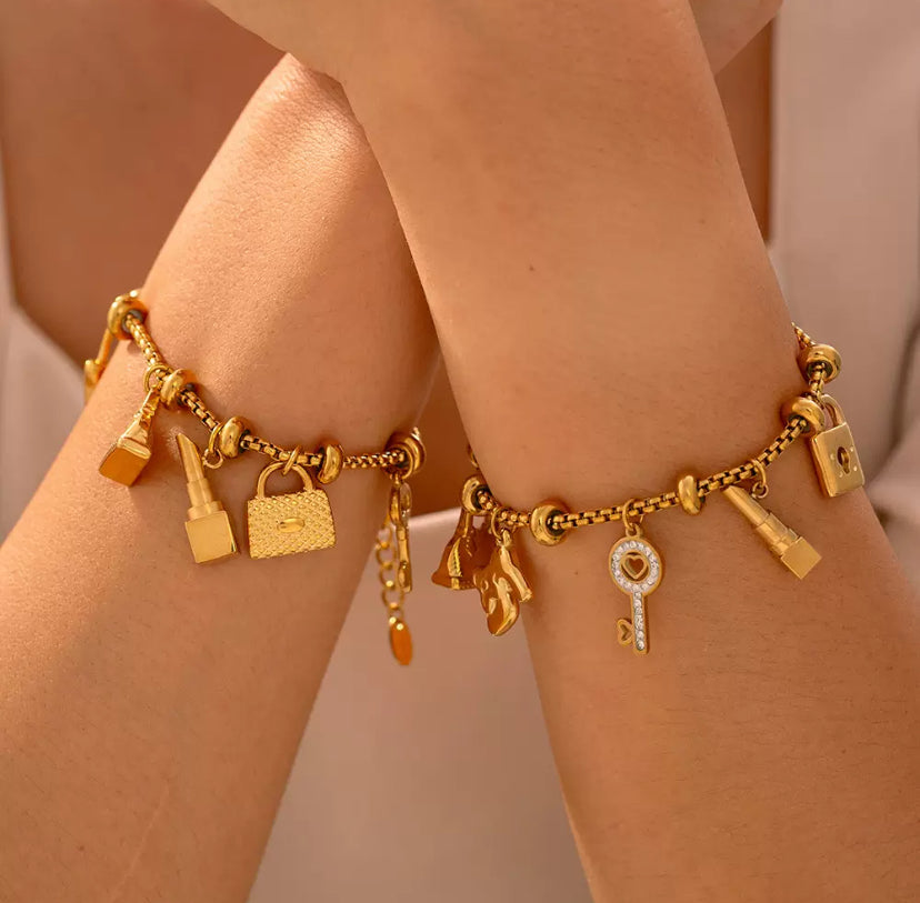 Bracelet charms clé, sacs, rouge à lèvres et cadenas en acier inoxydable
