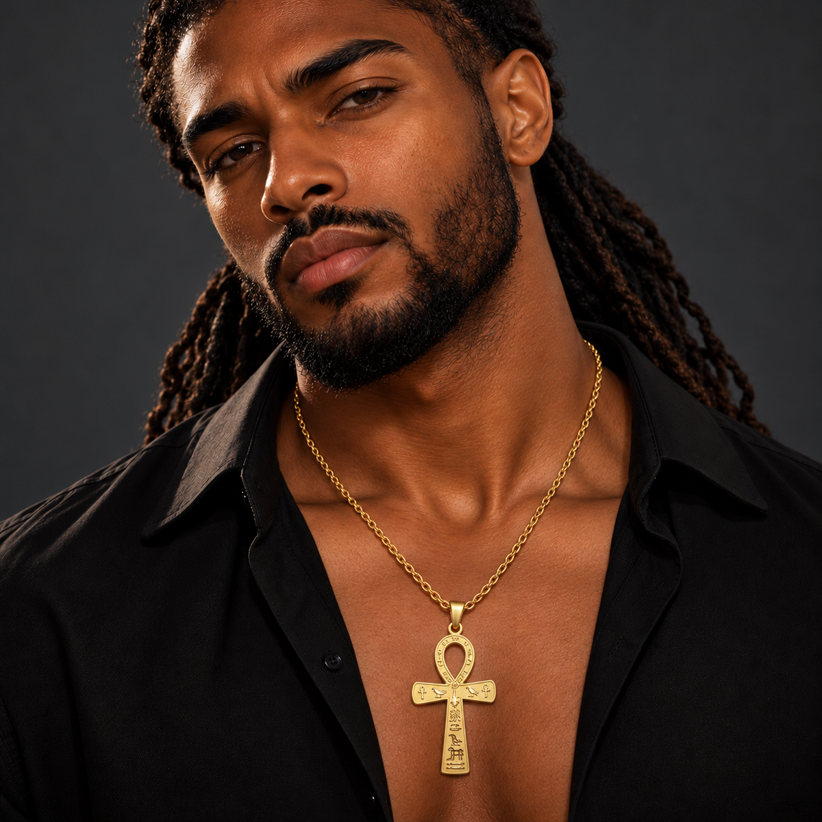 Collier croix Ankh gravée en acier inoxydable – vue 3