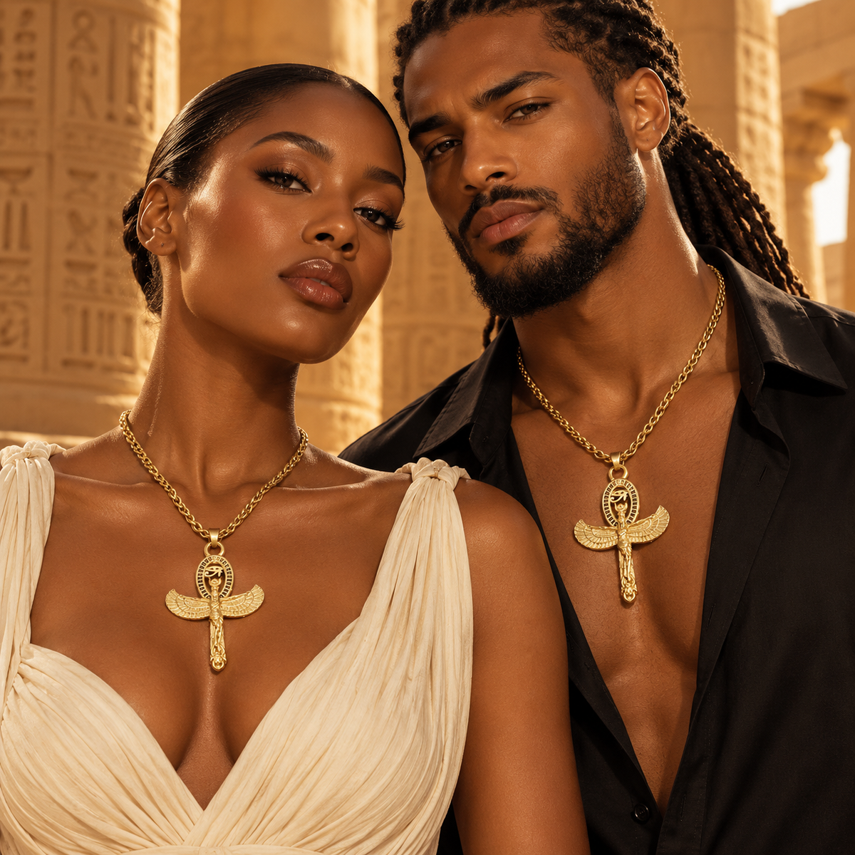 Collier Isis ailée et Œil d'Horus en acier inoxydable doré – vue 2