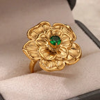 Bague fleur en acier inoxydable avec pierre verte