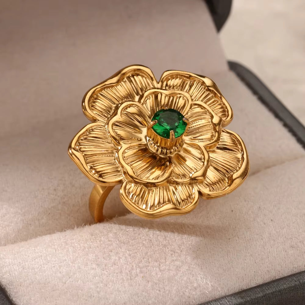 Bague fleur en acier inoxydable avec pierre verte