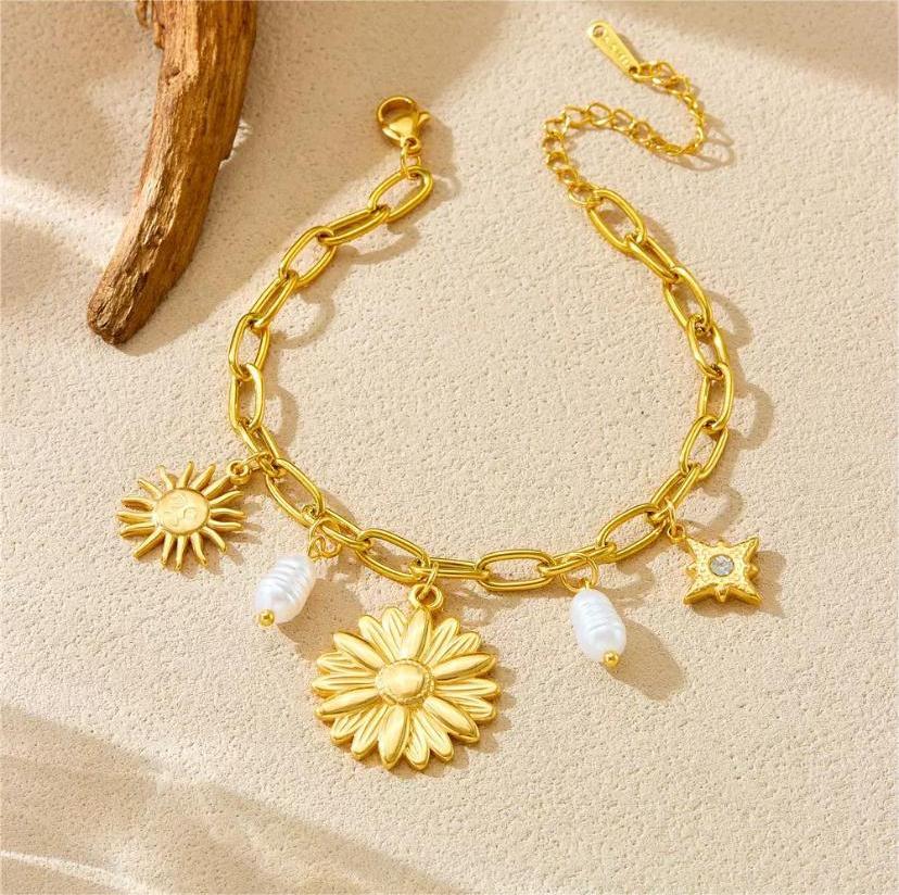 Bracelet charms soleil en acier inoxydable avec perles