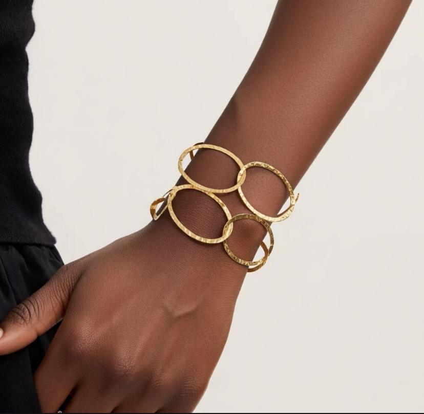 Parure collier sautoir et bracelet maillons martelés en acier inoxydable