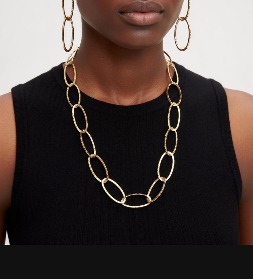 Parure collier sautoir et bracelet maillons martelés en acier inoxydable