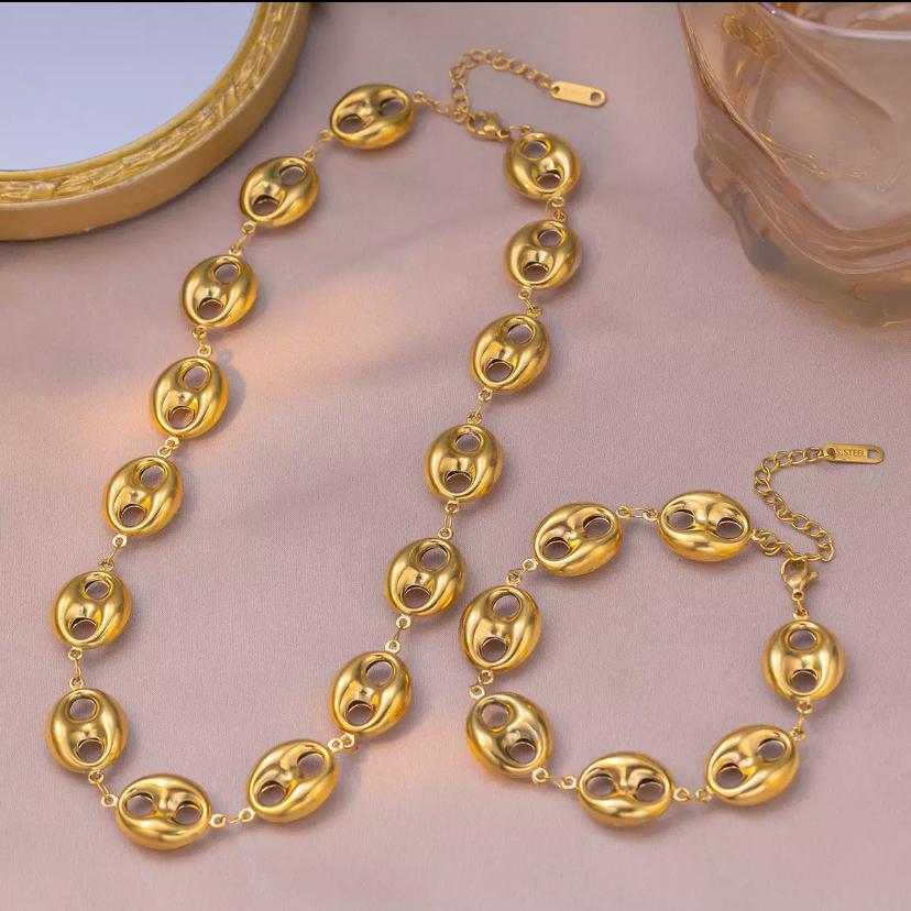 Parure collier et bracelet grains de café en acier inoxydable