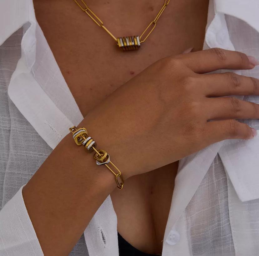 Bracelet chaîne maillons bicolores en acier inoxydable