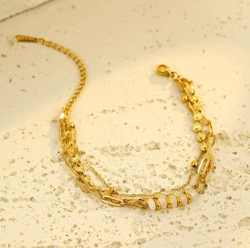 Bracelet multi-rangs en acier inoxydable avec pierres vertes