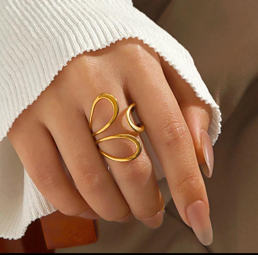 Bague dorée design abstrait en acier inoxydable