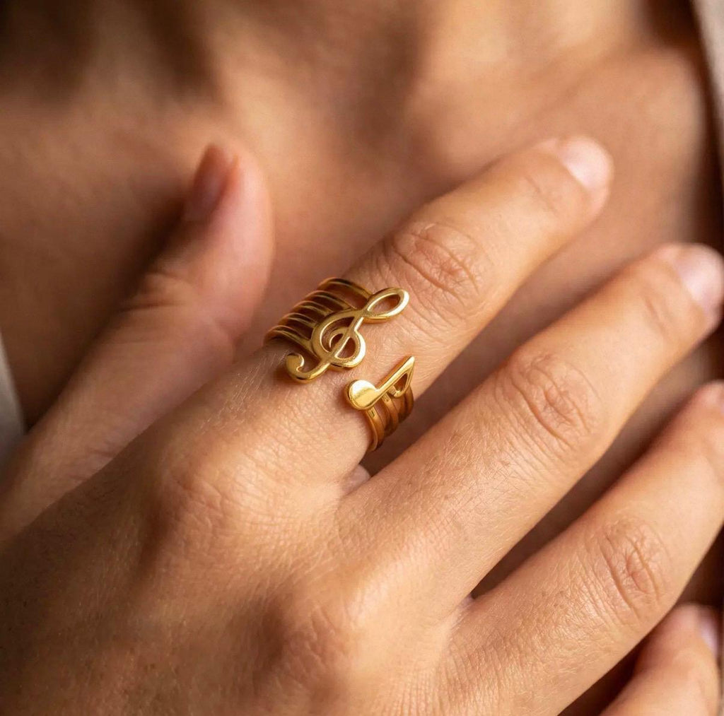 Bague musique en acier inoxydable doré – clé de sol et note musicale