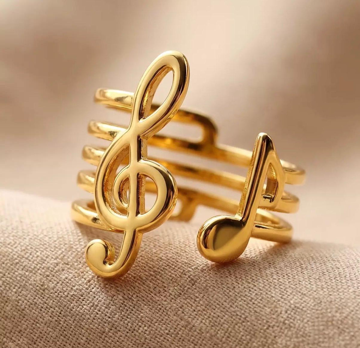 Bague musique en acier inoxydable doré – clé de sol et note musicale