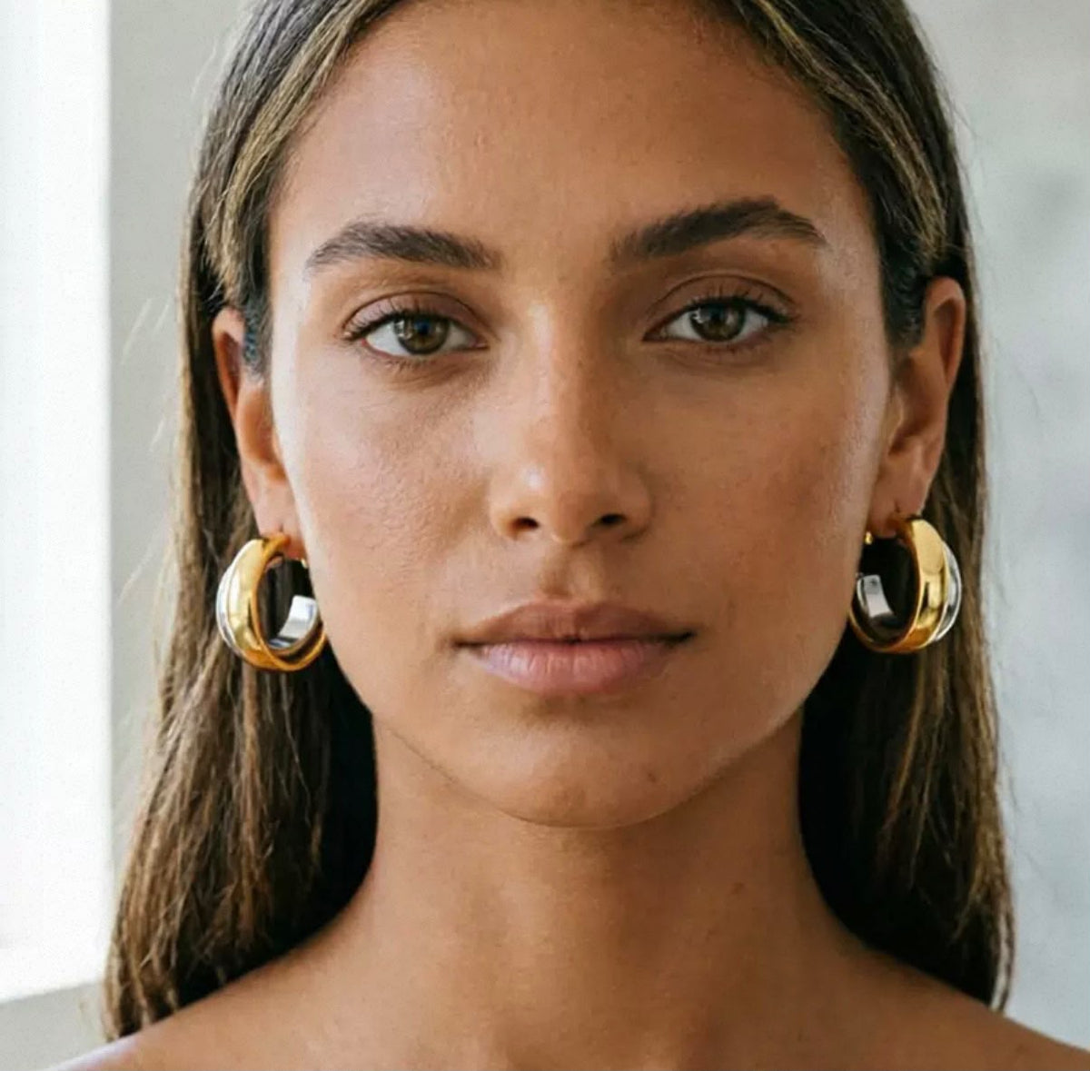 Boucles d'oreilles créoles bicolores dorées et argentées en acier inoxydable