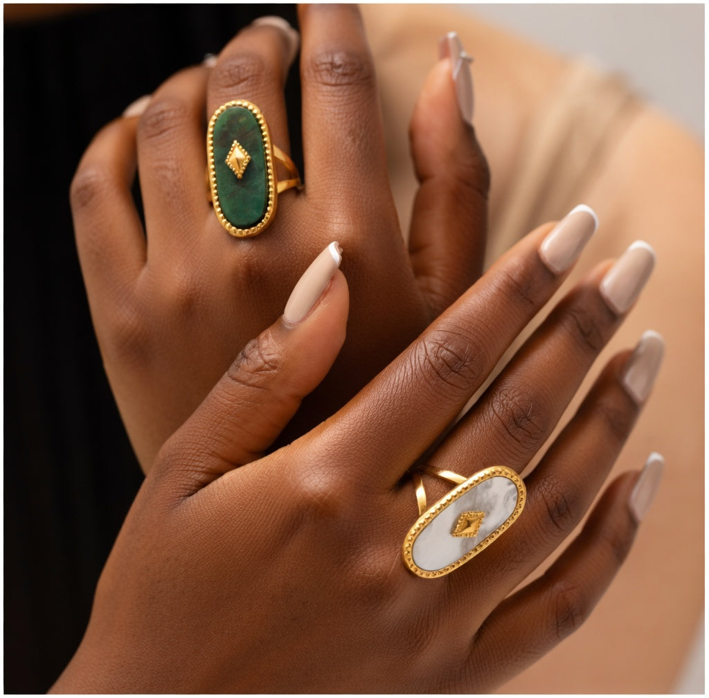 Bague ovale en acier inoxydable avec pierre naturelle