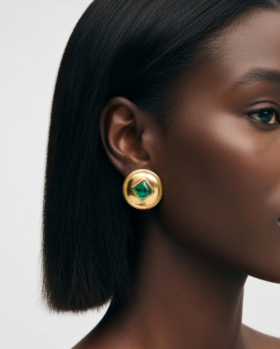 Boucles d’oreilles clip en acier inoxydable avec pierre verte carrée