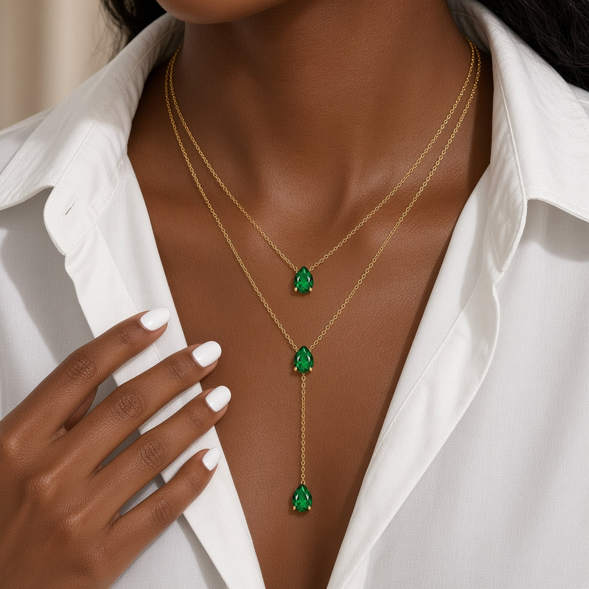Collier double rang en Y doré en acier inoxydable avec pendentifs goutte