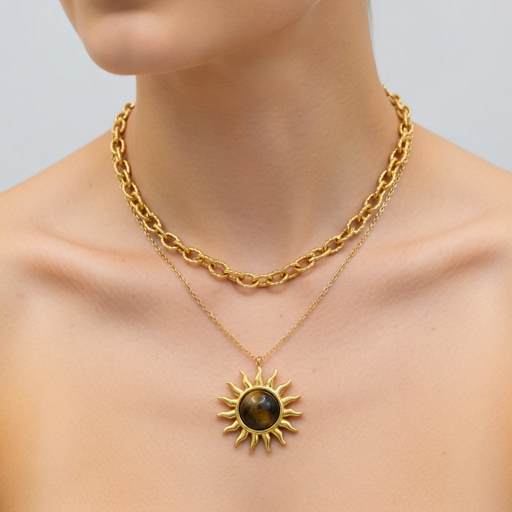 Collier chaîne double en acier inoxydable avec pendentif soleil