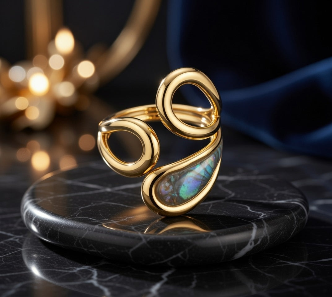 Bague ouverte en acier inoxydable avec pierre irisée