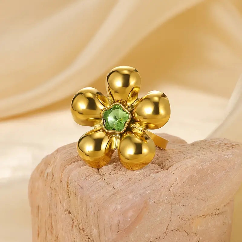 Bague fleur bombée en acier inoxydable avec pierre verte