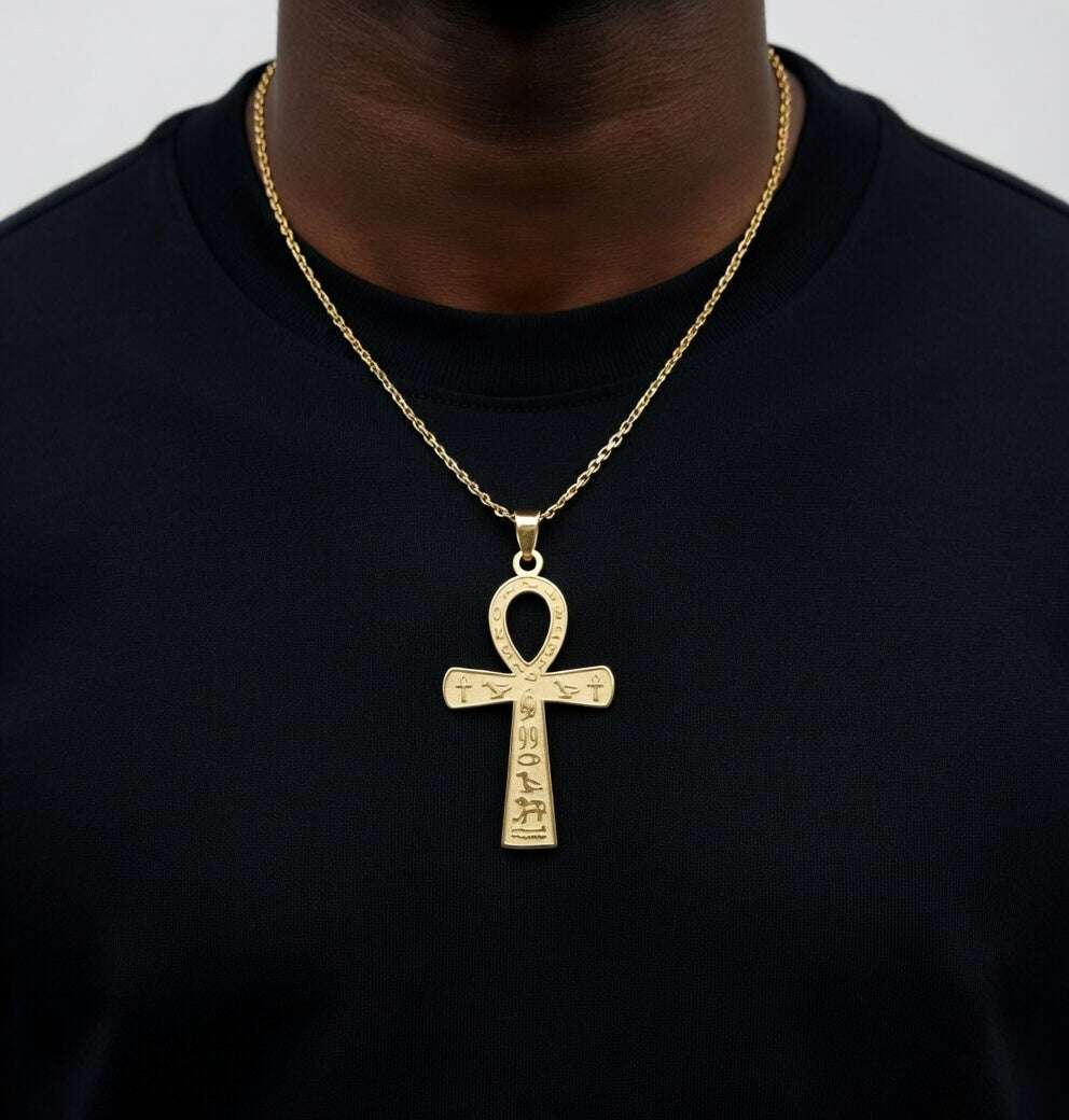 Collier croix Ankh égyptienne gravée en acier inoxydable