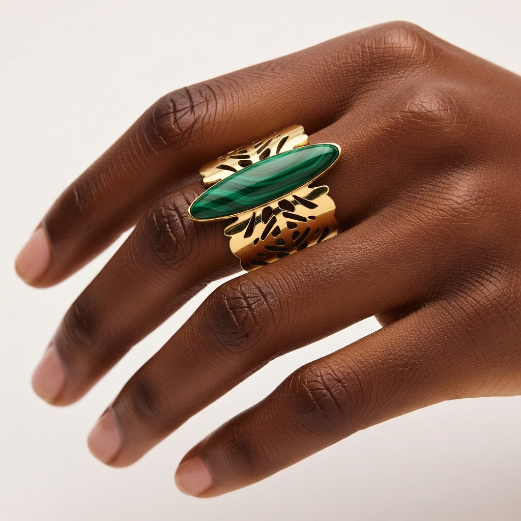 bague manchette en acier inoxydable avec pierre malachite