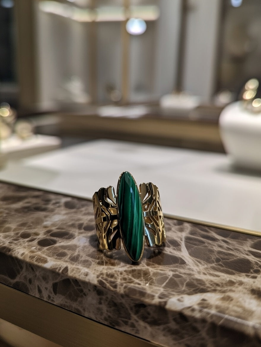 bague en acier inoxydable avec pierre malachite