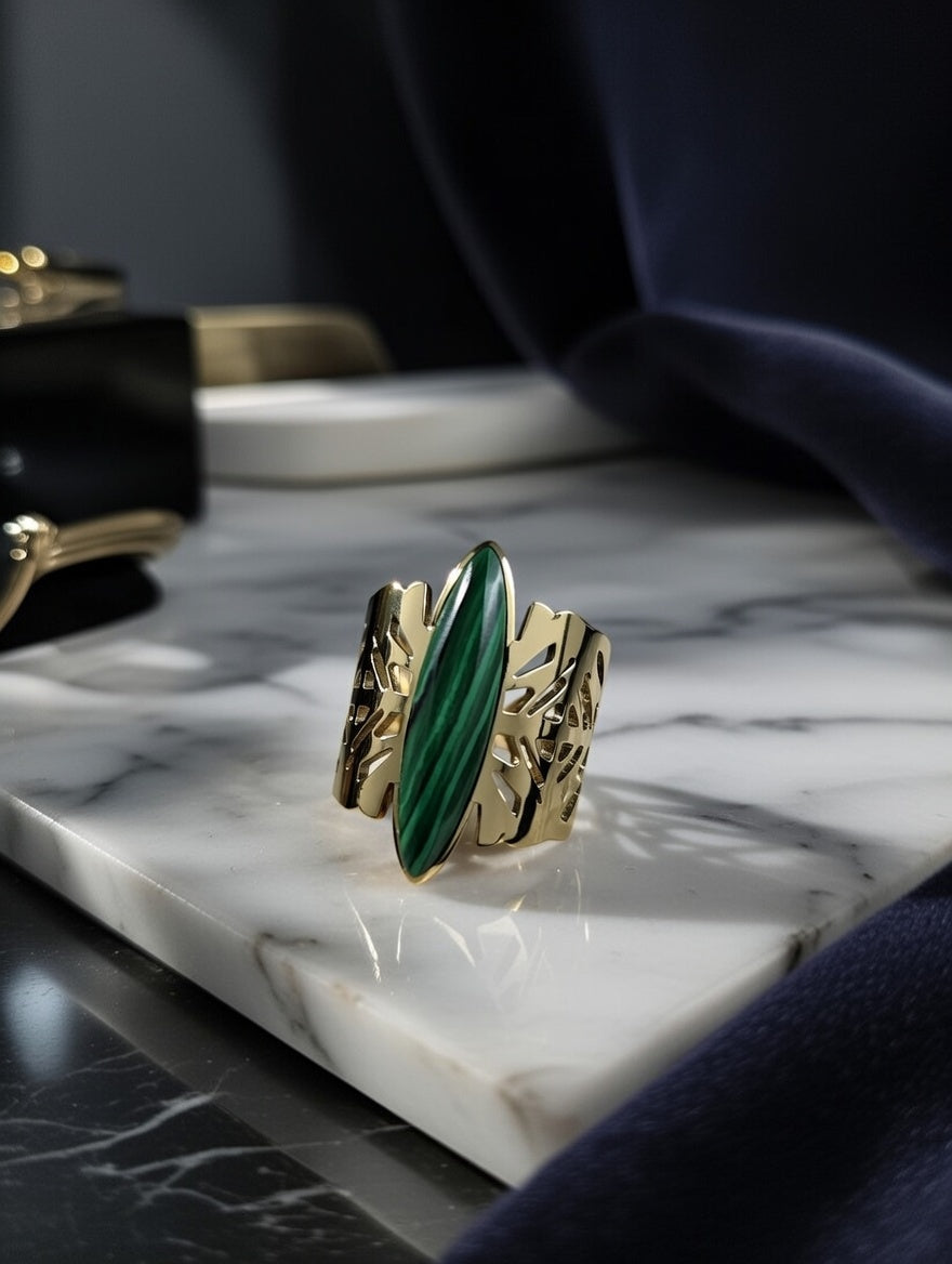 bague en acier inoxydable avec pierre malachite