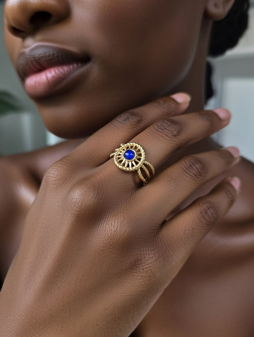 Bague soleil en acier inoxydable avec pierre