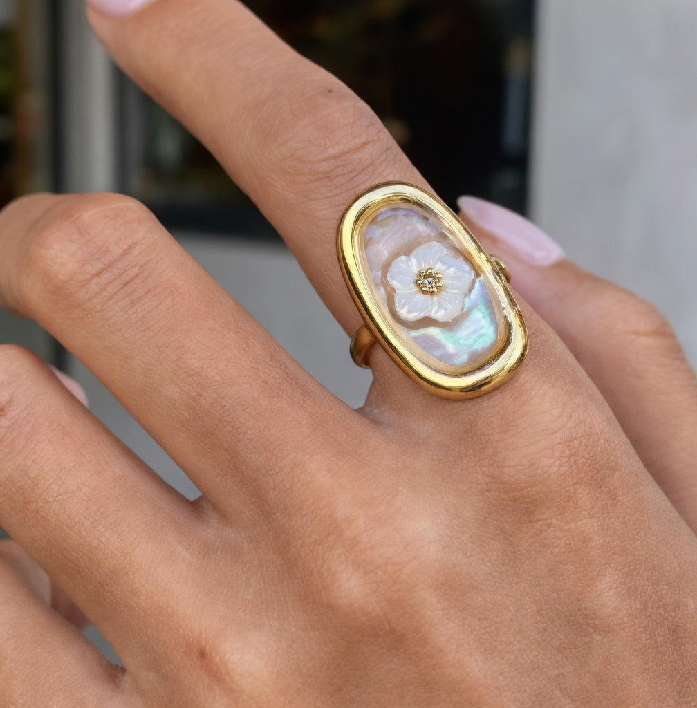 Bague nacrée fleur acier inoxydable