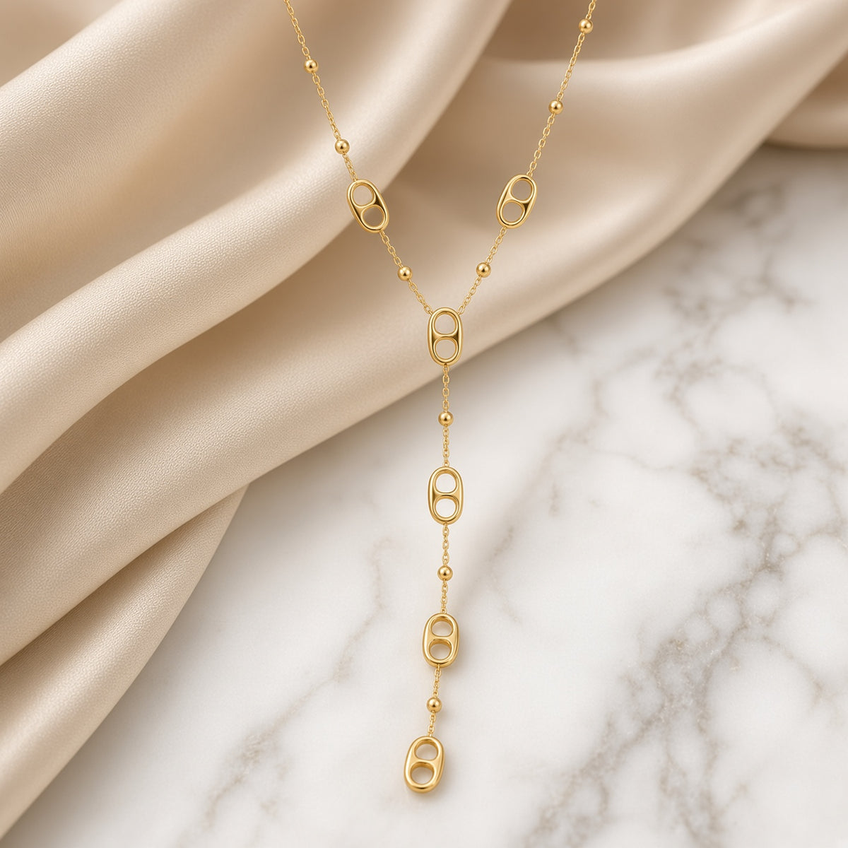 Collier Y en acier inoxydable doré à pendentifs maillons ovales et chaîne fine