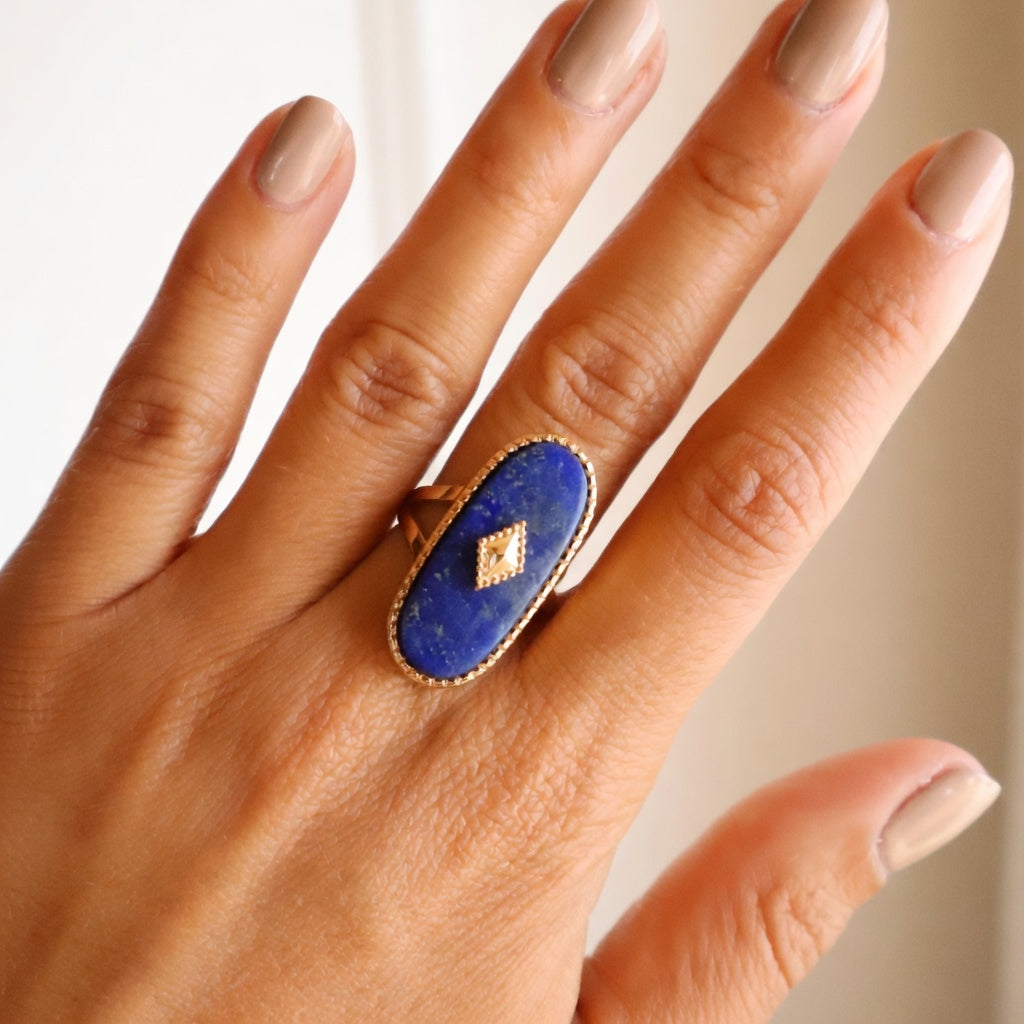 Bague ovale en acier inoxydable avec pierre naturelle